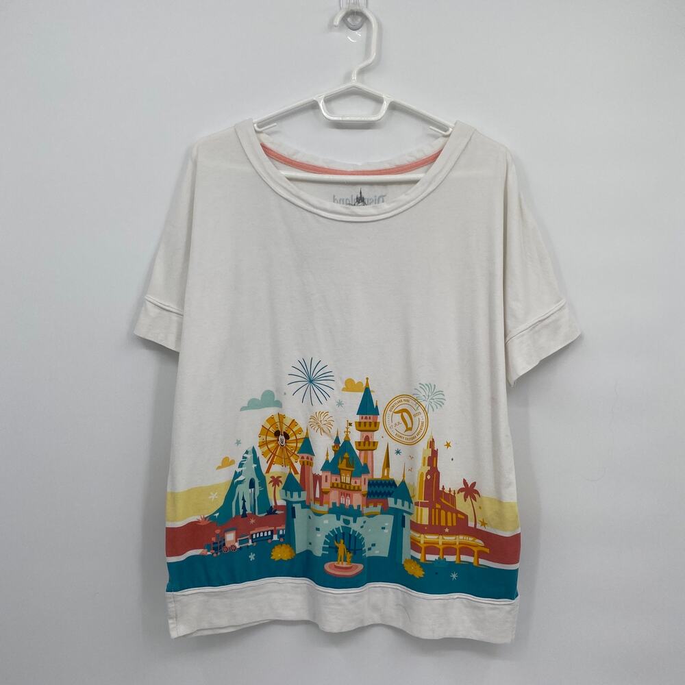 Disney Parks Disneyland Graphic Print Short Raglan Sleeve Top Cream Size Medium